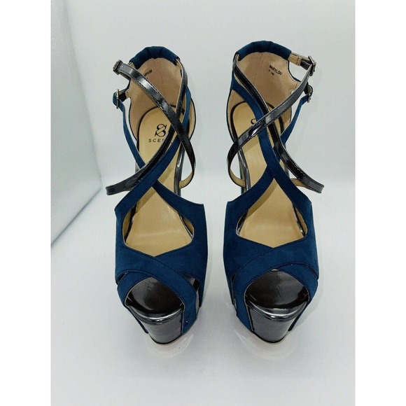 Scene “Marylou” Platform Wedge 5” Heels Blue Suede w/ Silver Accents 7M Open Toe - Picture 8 of 8